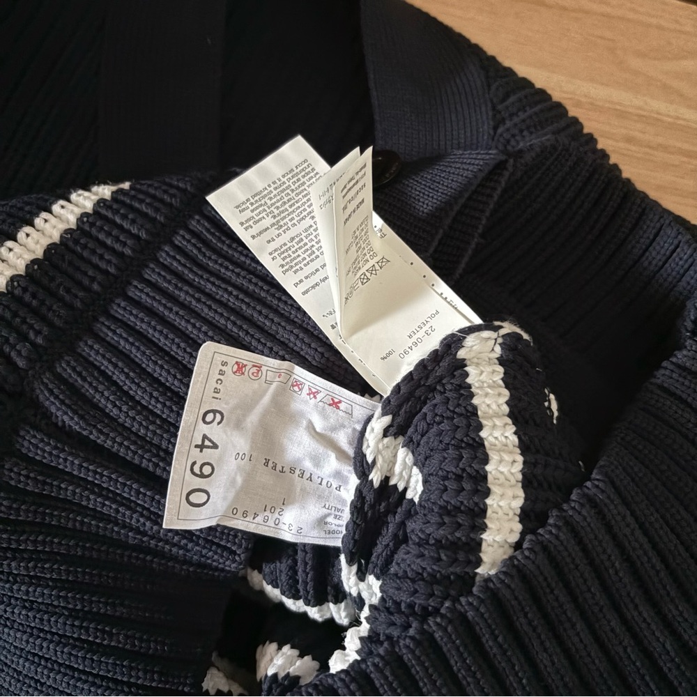 SACAI sz 1 S Thick Knit Horizontal Stripe Cardigan Sweater Navy Blue White - Picture 10 of 16